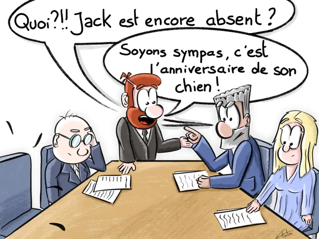 un manager qui excuse l'absence d'un collaborateur en réunion et qui manque d'empathie pour le ressenti des autres collaborateurs de la réunion.